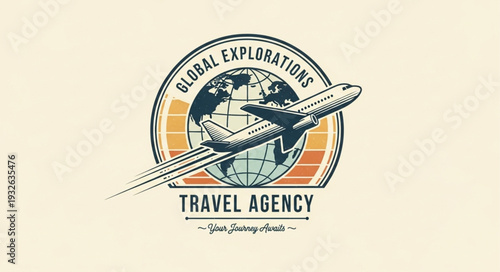 Vintage Global Explorations Travel Agency Logo Depicting Airplane and Globe.