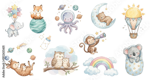 Cute watercolor space nursery set with fox, elephant, bear, koala soft stars. Collection of Vector illustrations. Perfect for invitation, card, poster, banner, decoration