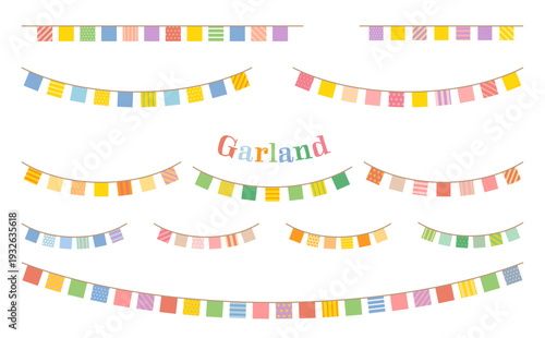 Colorful square flag bunting set with multiple lengths and pattern variations