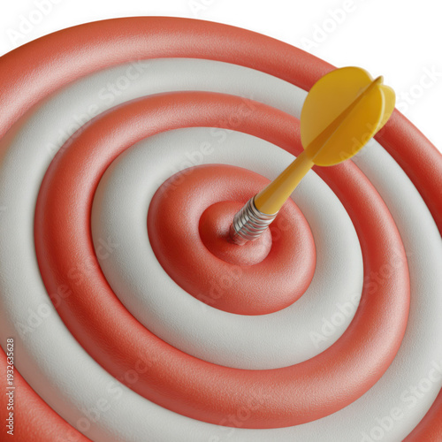 Realistic 3d rendering of a yellow dart perfectly hitting the bullseye of a swirl target