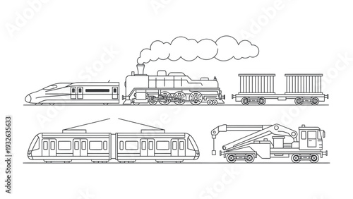 Variety of train : A diverse array of trains showcases the evolution of transport technology, featuring both classic steam engines and modern high-speed models.