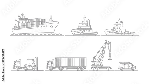 Marine Transportation Elements: A collection of various marine transportations, including ships, tugboats, and various land transport elements for industry needs. 