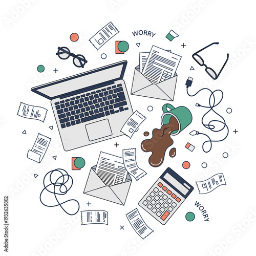 Chaotic Tax Season Desk Scene Flat Vector Illustration