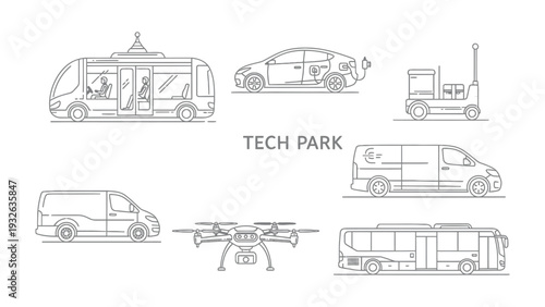 Tech Park Transportation: A curated illustration of cutting-edge vehicles in a tech park, showcasing the future of transportation and innovation.
