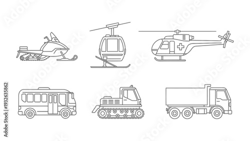 Transportation Icons in Outline: This image showcases a diverse array of transportation icons meticulously rendered in a clean, modern outline style. Includes a helicopter, snowmobile, cable car.
