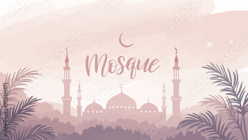 Serene mosque silhouette at dusk with palm trees and crescent moon