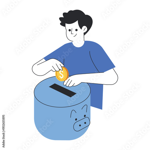 Man putting a gold coin into a blue piggy bank for future savings vector illustration.