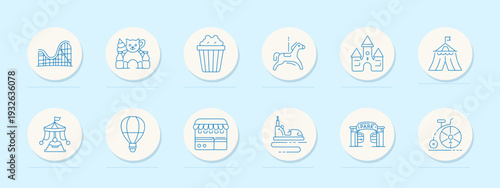 Amusement park entertainment set icon. Minimal line badges, roller coaster, teddy bear, popcorn, carousel horse, castle, circus tent, stage tent, hot air balloon, ticket booth, bumper car