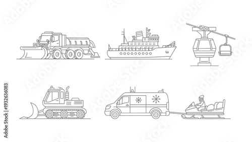 Transportation Collection: A set of six meticulously detailed line art illustrations, capturing a diverse array of transport modes