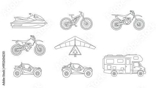 Transport Collection: A detailed illustration showcasing a variety of transport modes including a jet ski, motorcycles, dune buggies, a hang glider, and a camper.