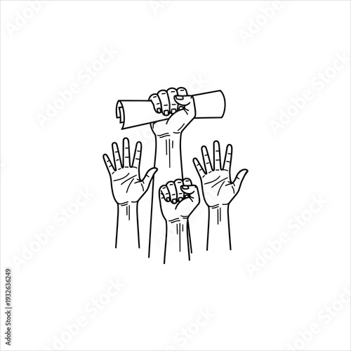 A group of hands holding and gesturing in the air