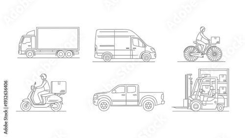 Line Art Transport Series: A collection of line art illustrations, highlighting various modes of transport in action, perfect for a dynamic visualization of delivery and logistics.