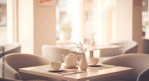 Teapot and Cups on Table in a Cozy Restaurant Setting