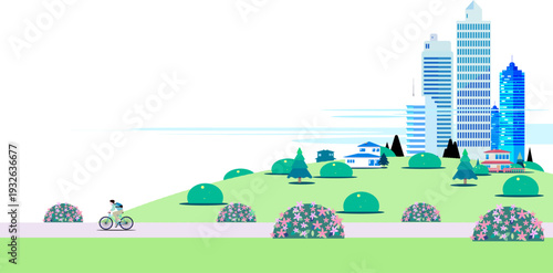 Flat illustration of a person riding a bicycle on a park path with city skyscrapers background