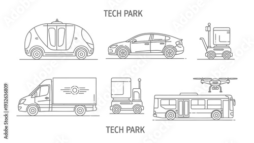 Wallpaper Mural Tech Park Transportation: A modern illustration presents various innovative vehicles, from autonomous cars and delivery vans to robotic assistants and a drone. Torontodigital.ca