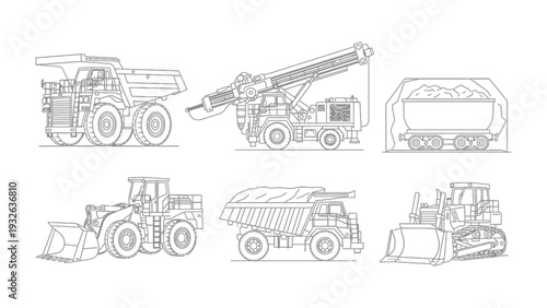 Heavy Machinery Illustration: A detailed illustration showcasing various heavy machinery, meticulously drawn in a monochromatic style, revealing the intricate details of industrial equipment. 