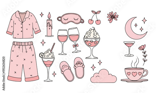 Cozy Pink Pajama Party and Girls Night Icon Set in Outline Vector Style