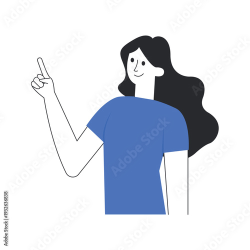 woman pointing up with a smile and long black hair vector illustration.