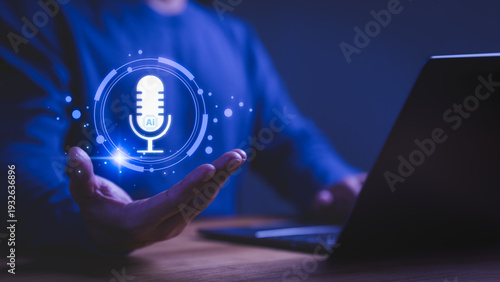 AI microphone technology for voice assistant and speech recognition. Artificial intelligence audio recording on digital laptop for podcasting and smart communication technology.