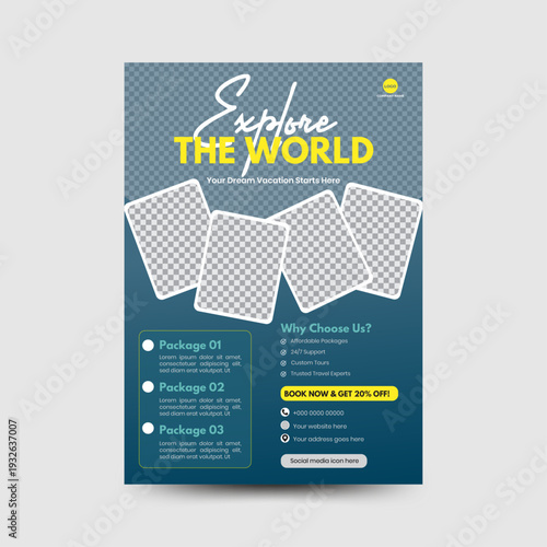 Modern travel flyer template with clean layout and bold typography. Ideal for tour packages, holiday promotions, travel agencies, vacation deals, and print or social media marketing campaigns.