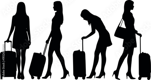 Set of Elegant Female Traveler Silhouettes in Various Poses, Carrying Luggage, Suitcases, and Handbags for Travel and Vacation Concept Designs