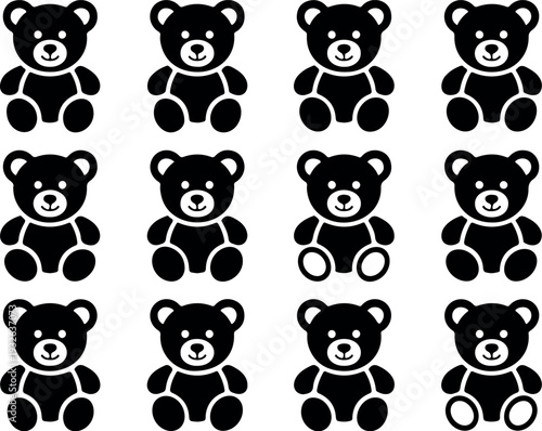 Black Silhouettes of Cute Teddy Bears in Sitting and Standing Poses, Vector Illustration for Nursery and Children’s Toy Store Themes