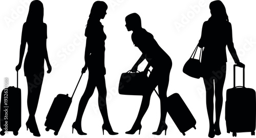 Elegant Female Travelers with Luggage, Suitcases, and Handbags in Different Poses, Vector Silhouettes for Tourism and Vacation Themes