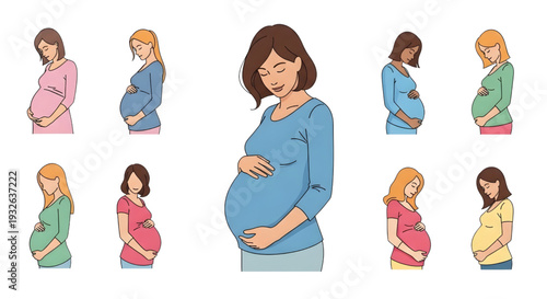 Pregnant Woman Maternity Icon Set – Colorful Prenatal Motherhood Vector Illustration