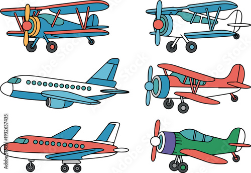 Vector Illustration Collection of Colorful Airplanes, Including Vintage Biplanes, Propeller Planes, Private Jets, and Small Aircraft on White Background