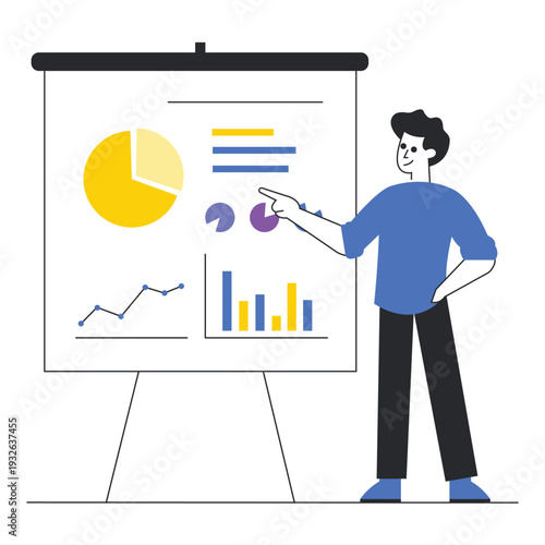 Professional businessman presenting financial data and market analysis on a flip chart board vector illustration.