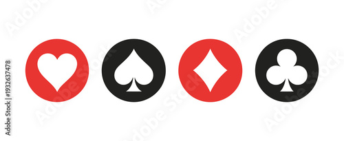 Playing card suit icons vector illustration, hearts, spades, diamonds, clubs in circular design