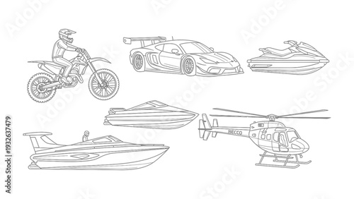 Collection of Transport: A collection of various modes of transportation in this illustrative image, including a motorcycle, a sports car, a jet ski, a boat, and a helicopter.