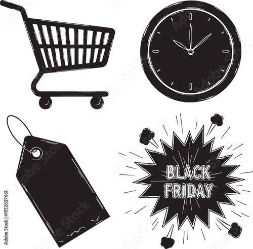 Black friday shopping sale concept with clock cart and tag
