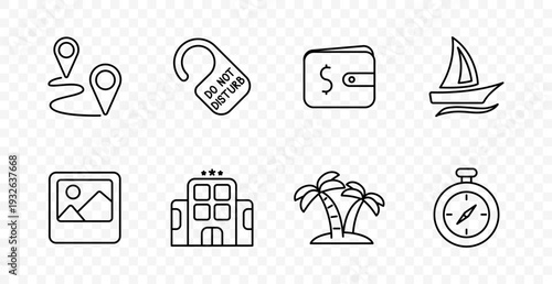 Travel service set icon. Route pins, hotel tag, wallet, sailboat, gallery, resort building, palm island, compass, vacation planning