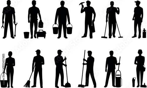 Vector Illustration Set of Black Silhouettes of Professional Service Workers Like Janitors, Cleaners, and Repairmen with Tools and Equipment
