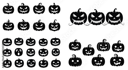 Collection of various carved halloween pumpkins with different faces