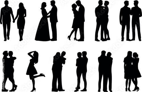 Vector Illustration Set of Black Silhouettes of Diverse Couples Holding Hands, Hugging, and Walking Together in Romantic Poses