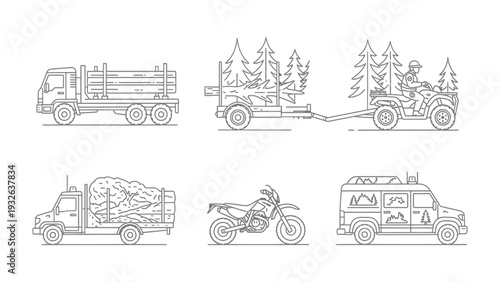 Vehicles and the Wilderness: A collection of meticulously outlined vehicles stands ready to explore the great outdoors. Each vehicle, designed for adventure, promises a journey into the wild.