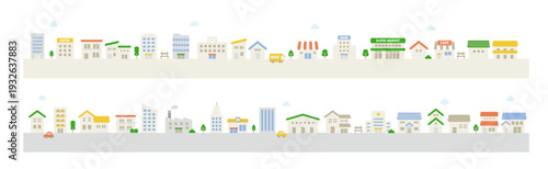 Cute flat town icon set with houses and buildings arranged in two rows on simple ground