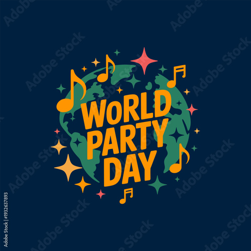 A vibrant design announces world party day with musical notes and a globe illustration