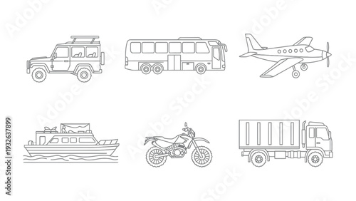 Transport Vehicle Collection: A diverse compilation of transport vehicles, artfully outlined for versatile application, representing different modes of transit. 