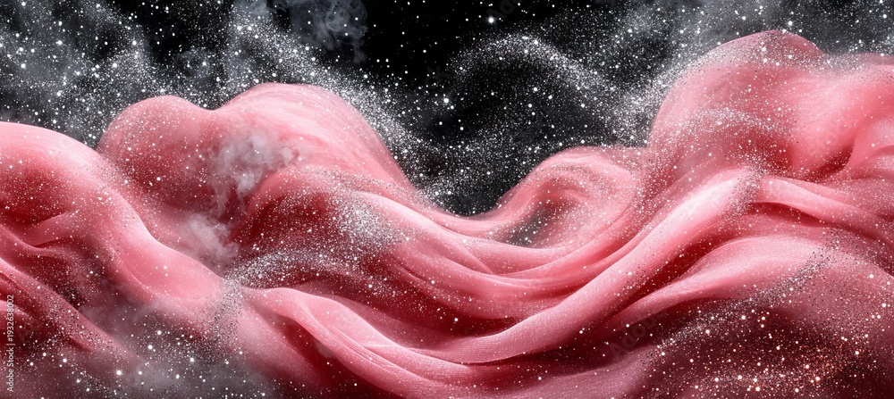 Fototapeta premium Abstract Pink Clouds and Silver Particles Flowing on Dark Background, Captivating Elegance