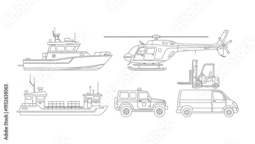 Transportation Line-up: A comprehensive line-up of transportation modes, each depicted in precise black outlines.