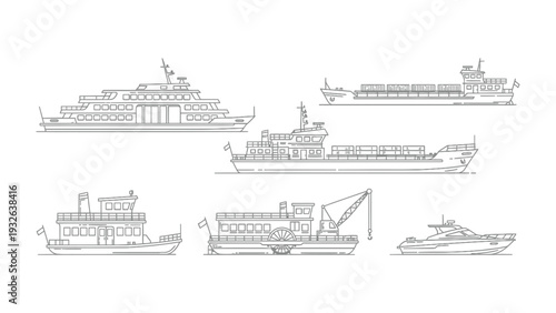 Vessel Assortment: A detailed illustration showcases various vessels, including a cruise liner, cargo ships, and smaller boats, offering a glimpse into maritime transport and engineering.