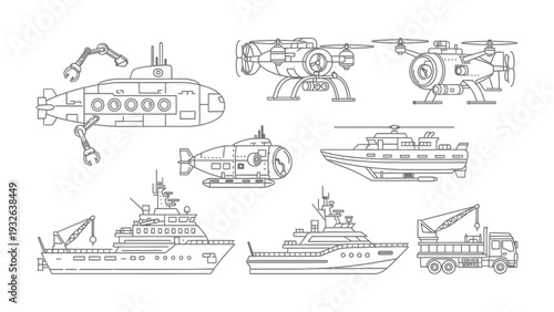 Technological Marine Vessels: A collection of various modern marine vessels and technological advancements are illustrated, showcasing the cutting-edge of sea exploration.