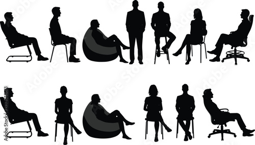 Flat vector silhouettes of people seated and standing on chairs, group communication, social interaction, ergonomic posture, abstract human design illustration