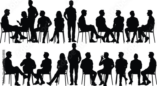 Flat vector silhouettes of people seated and standing in rows, group discussion, social communication, teamwork, abstract human posture, interaction design