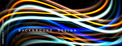 Abstract colorful light streaks over black background. Dynamic waves create modern design element. Bright lines suggest energy, motion.