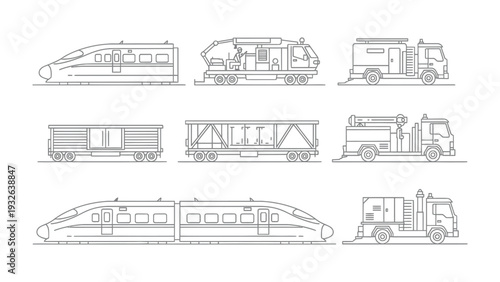 Outline Transportation: A series of transportation line art, featuring a train, rail car, and fire truck, showcasing modern design and utility.