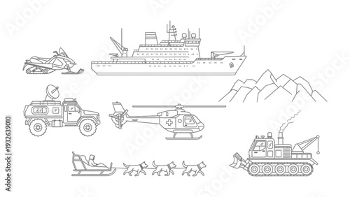 Arctic Expedition Fleet: A comprehensive illustration showcases a fleet of vehicles and transport vessels prepared for an arctic expedition.